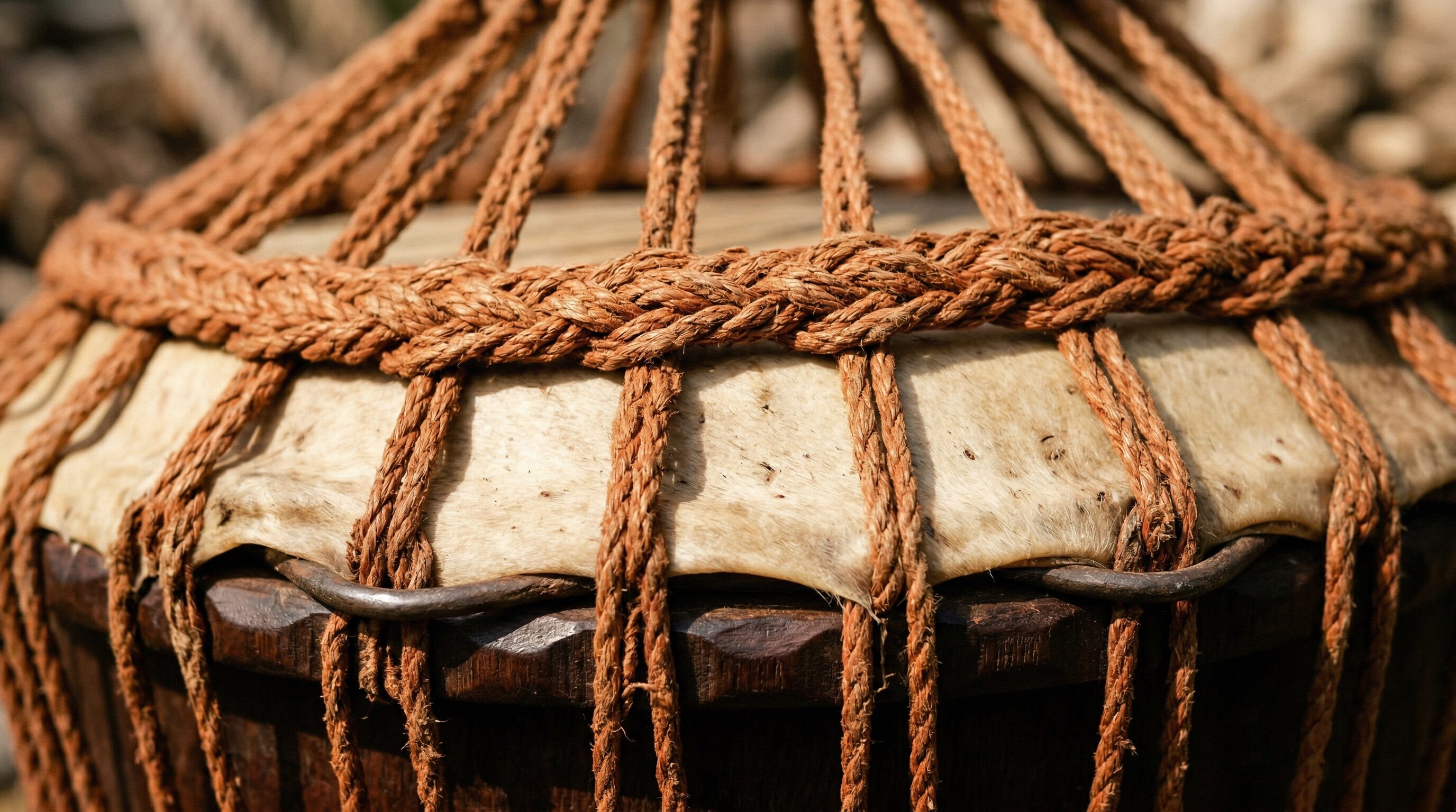 Close-up of djembe drum rope tuning system meeting goatskin drumhead