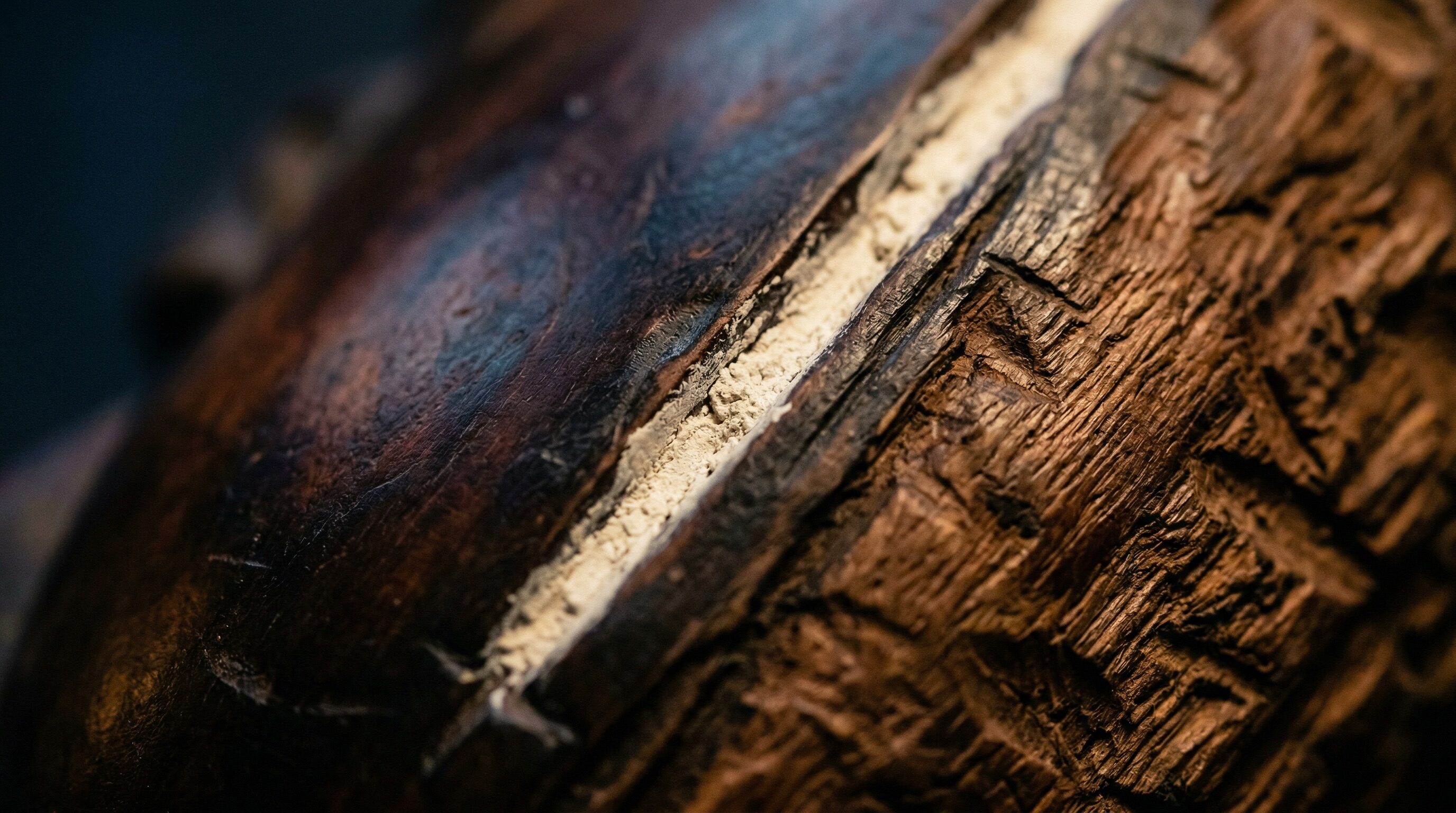 Extreme close-up of carved mask surface showing chisel marks and kaolin pigment
